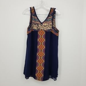 THML boho embroidered tunic top medium navy